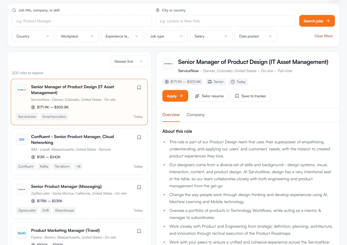 The jobs board: search and filters for role, workplace, experience, job type, salary and date, product roles in a list, and the selected listing with Apply, Tailor resume and Save to tracker.