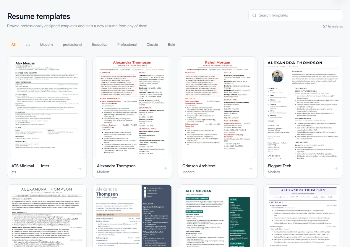 The resume template gallery, filterable by style, with each template shown as a full-page preview.