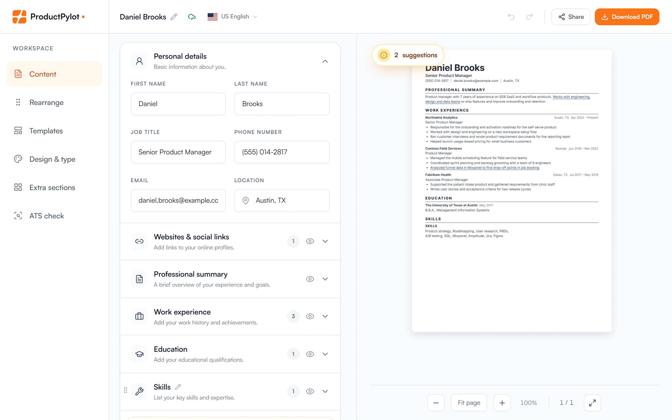 The ProductPylot resume editor: Daniel Brooks's personal details on the left, the live resume preview on the right.
