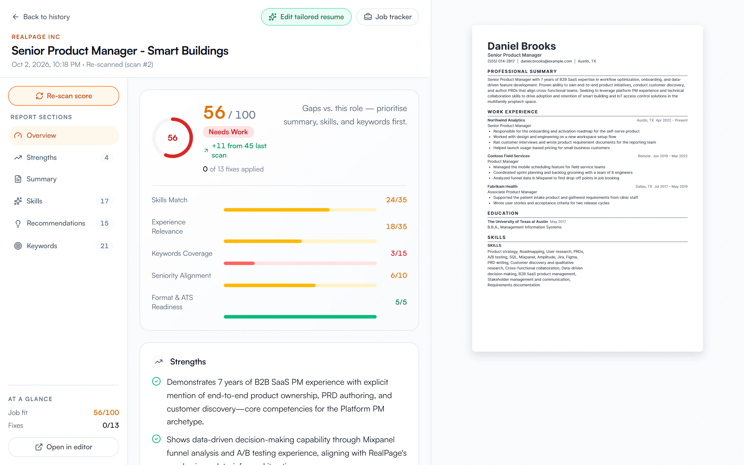 A tailoring report for RealPage's Senior Product Manager, Smart Buildings role, re-scanned after applying the tailored summary and skills: job fit 56 out of 100, up 11 from 45, with the score broken down and the tailored resume beside it.