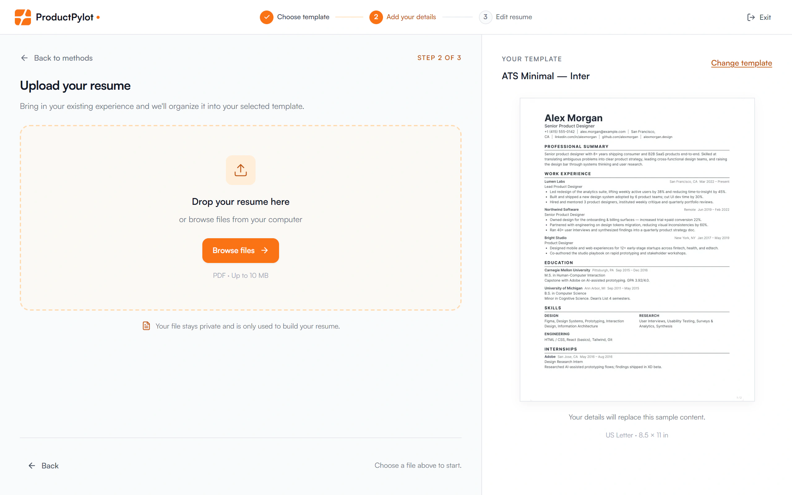 Step 2 of the resume wizard: a drop zone for an existing PDF resume next to a preview of the chosen ATS Minimal template.
